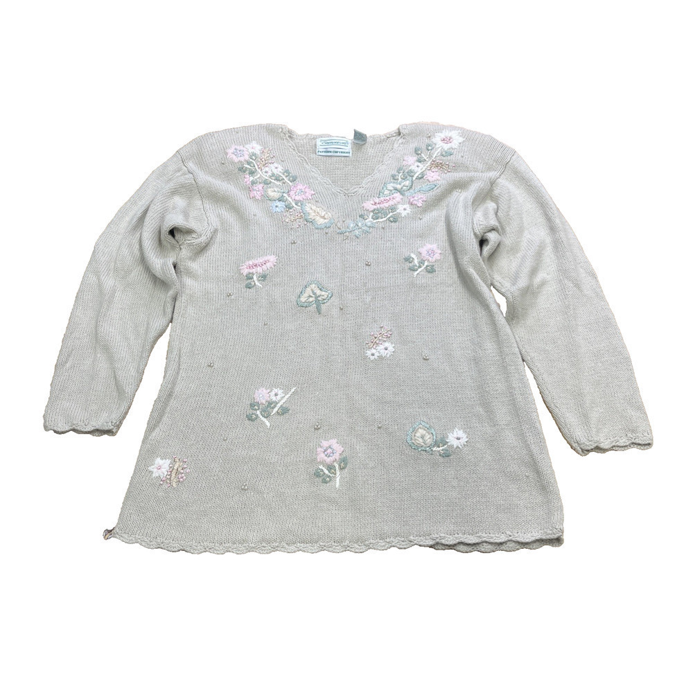 Vintage Shenanigans Sweater Embroidered Floral Grandmacore Cream Size S Mature